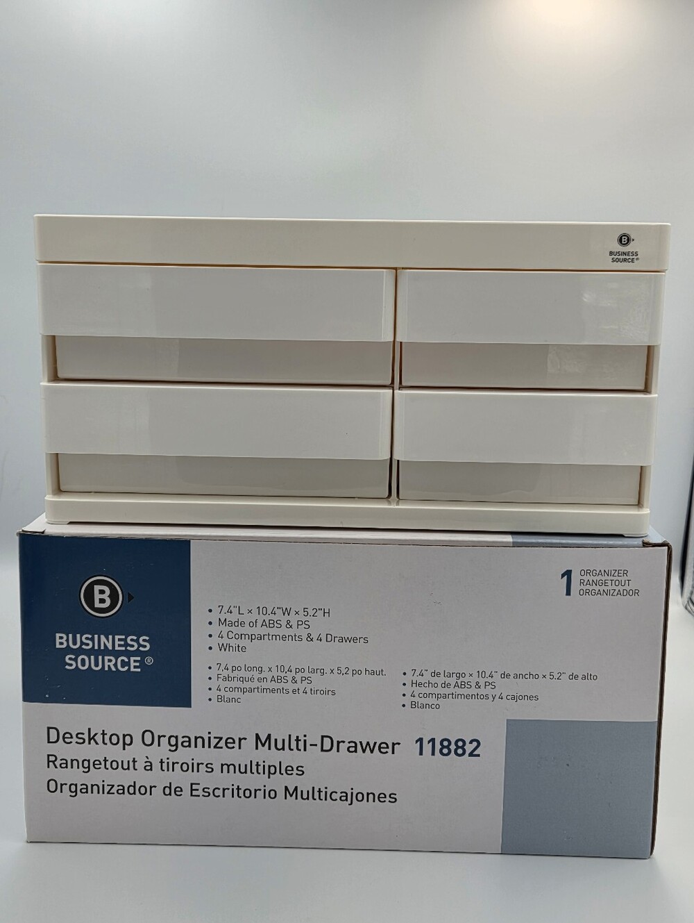Business Source 11882 Desktop Organizer 4 Drawer & 4 Compartments White NIB